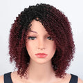 Mannequin head with a burgundy and black ombre wig on a white background, Obroi