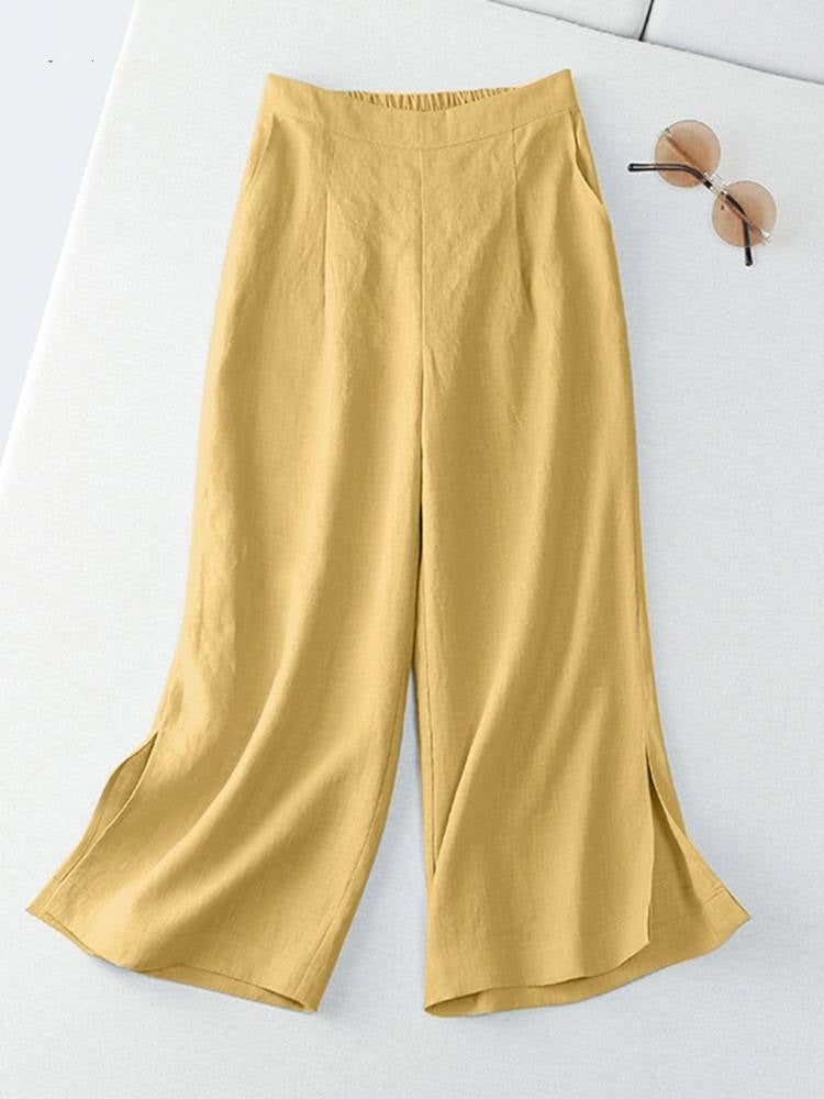 Wide Leg Pant Solid Pure Cotton Ankle Length Women Casual Loose Trouser Elastic Elegant Pants