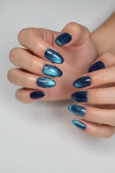 24 Pcs Reusable Artificial Fingernails Blue Cat Eye Short Nails Realistic Press on Nails Set