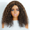 Mannequin head with a brown curly wig on a white background, Obroi