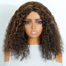 Mannequin head with a brown curly wig on a white background, Obroi