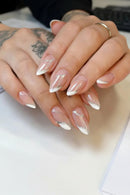 Glossy Pink French Tip Press On Nails with Silver Glitter Lines Reusable Nails with Jelly Glue for Women Daily Wear