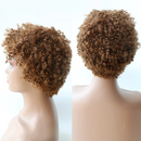 Two views of a brown curly wig on a mannequin head, Obroi
