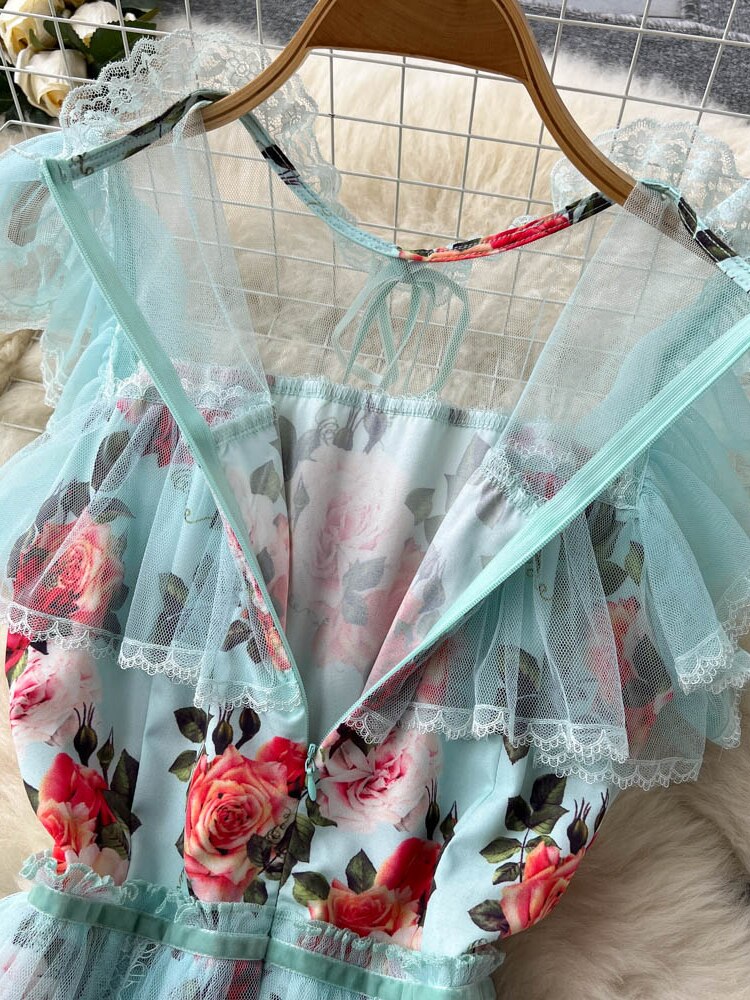 Summer Mesh Lace Dress Women French Short Sleeve Floral Long Dresses Ladies Sweet Temperament Party Dress Long Robe