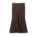 Women Lace Satin Split Midi Skirt High Waist Summer Long Skirts for Female Casual