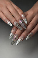 24Pcs Long Stiletto French Pentagram Nail Stick on Gothic Silver Flame Stripe Nail Tips Black Gradient Reusable Nails