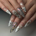 24Pcs Long Stiletto French Pentagram Nail Stick on Gothic Silver Flame Stripe Nail Tips Black Gradient Reusable Nails