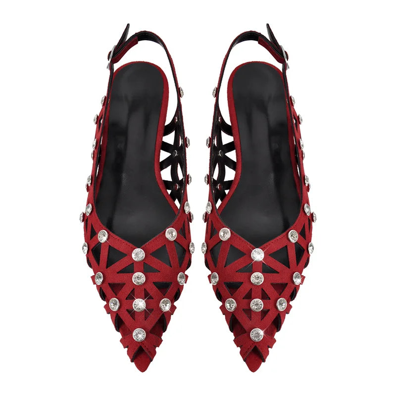 Women Pointed Toe Rhinestone Hollow Slingback Pumps Ankle Strap Party Dress Shoes