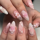 Almond Nail Tips Full Cover Butterfly White Flowers Ornament Finished Nails Cool Sweet for Women