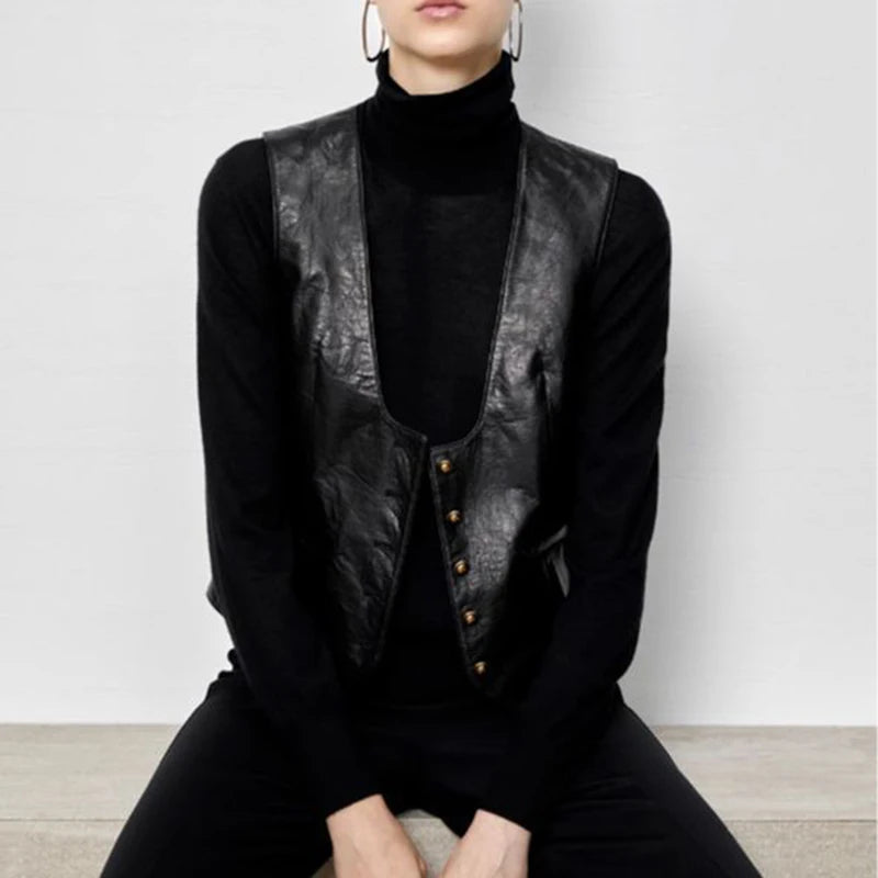 Genuine Leather Waistcoat Fall Winter Retro Single Breasted Vest Jacket For Women