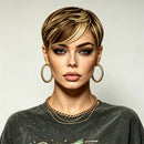 Pixie Cut Real Human Hair Wig Brown Blonde Highlight Soft Comfort Short Wig
