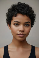 Short curly black wig shown on a woman's face in a portrait view and on a mannequin head in a catalog view, against a light gray and white background, Obroi