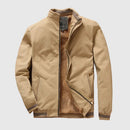 Beige jacket with brown lining on a light gray background, Obroi