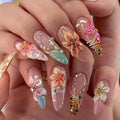 24PCS Leopard Zebra Nails White Flower Gold Pearl False Nails Sweet Elegant Wild Style Reusable Press on Artificial Nails