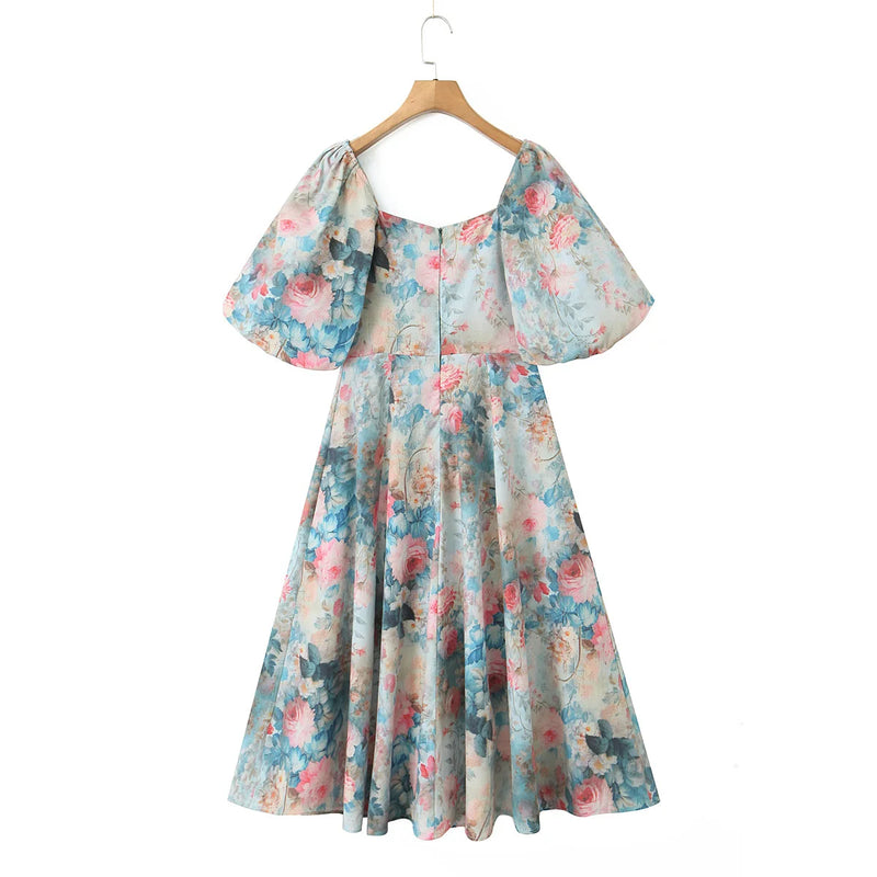 Princess Summer Gradient Flower Swing Midi Dress Puff Sleeve Retro Women Slim Waist Fairy Holiday