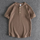 Summer American Retro Waffle Henry Collar T-shirt Men's Simple Washed Short Sleeve Casual Loose Sport Tops