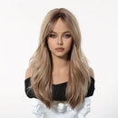 Light Brown Wig with Bangs Long Body Wavy Wigs for Women Heat Resistant Fiber Fake Hair Daily