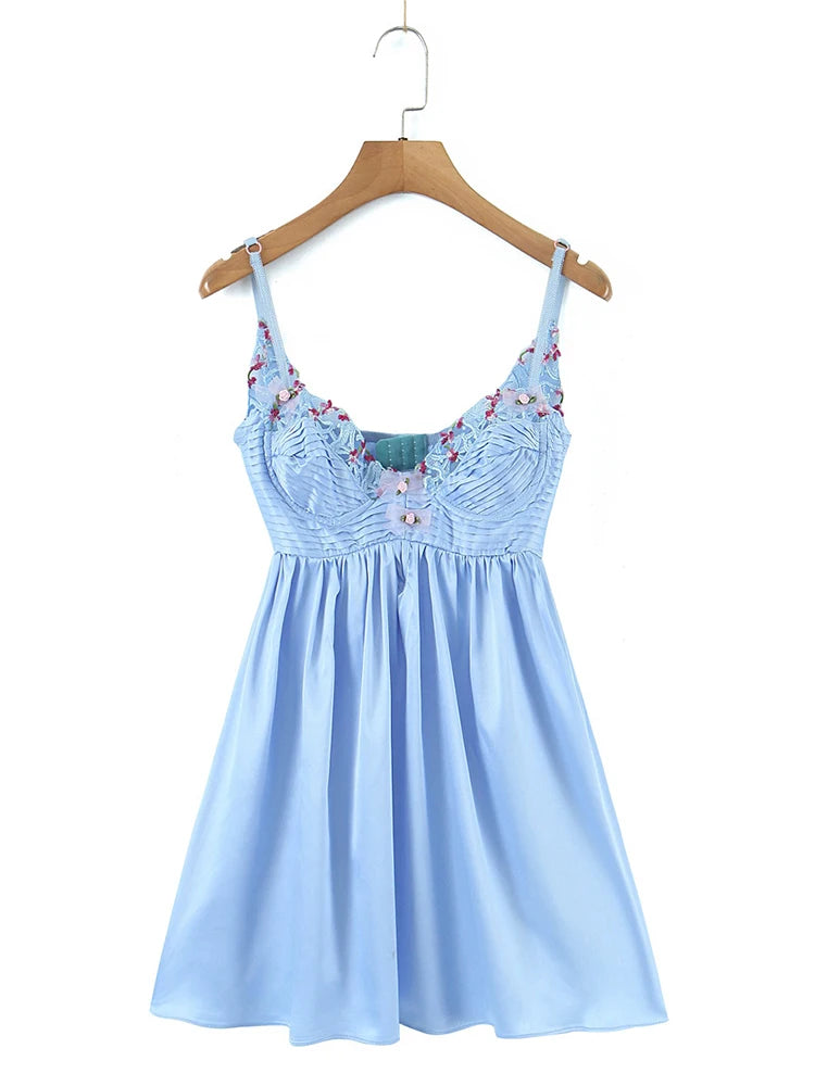 Women Lace Spliced Floral Blue Sling Mini Dress Backless Sleeveless Ladies