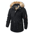 Men Medium Long Thick Warm Cotton Coat Fur Collar Zipper Multi Pocket Parka Coat Men Outdoor Windproof Coat