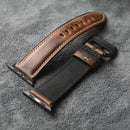 Two watch straps, one brown leather and one black fabric, on a gray textured surface, Obroi