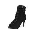 Black high-heeled peep-toe boots with lace-up design and buckles on a white background, featuring the brand 'DKZSYIM'.