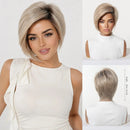 A woman modeling a short layered wig with a side-swept bang and asymmetrical cut, shown in a three-panel collage from front, front-three-quarter, and back views. The wig is light ash blonde with subtle gray tones, Obroi