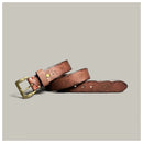 Brown leather belt with brass buckle on a light gray background, Obroi