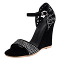 Black wedge sandal with rhinestone embellishments on a white background, Obroi
