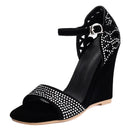 Black wedge sandal with rhinestone embellishments on a white background, Obroi