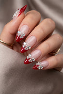 24Pcs Christmas Red French Nails Press on Cute Mid-length Almond Head False Nails