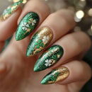 Green Press On Naills Flower Gold Four Leaf Pattern Nails Glossy Almond Detachable Nails