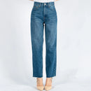 Spring/Summer European and American High Waist Retro Wash Blue Straight Leg Jeans with Topstitching and Raw Edges