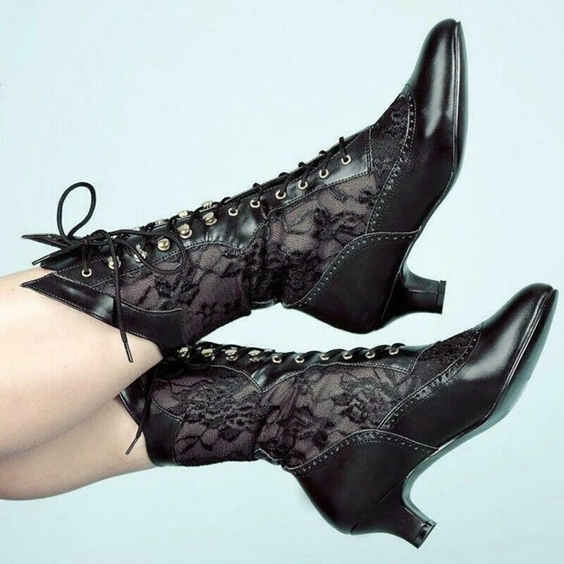 Women Victorian Pointed Toe Mid-Calf Boots Leather Lace Hollow Out Punk Lace Up Strange High Heel Shoes