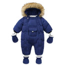 Blue baby snowsuit with fur hood on a white background