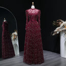 Maroon sequin evening gown on a mannequin against a dark background with decorative elements, Obroi