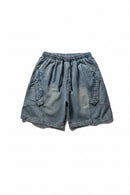 Blue denim shorts with a drawstring on a white background, Obroi