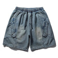 Blue denim shorts with a drawstring on a white background, Obroi