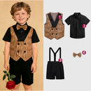 Child wearing a formal outfit with vest, shirt, suspenders, and bow tie on a beige background, Obroi