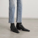 Square Toe Low Heels Black Leather Ankle Boots Sewing Side Zip Classic Women Short Boot