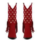 Women Pointed Toe Pull-on Knee High Fringe Cowgirl Boots Comfy Pull On Rhinestone Mid Calf Western Boots