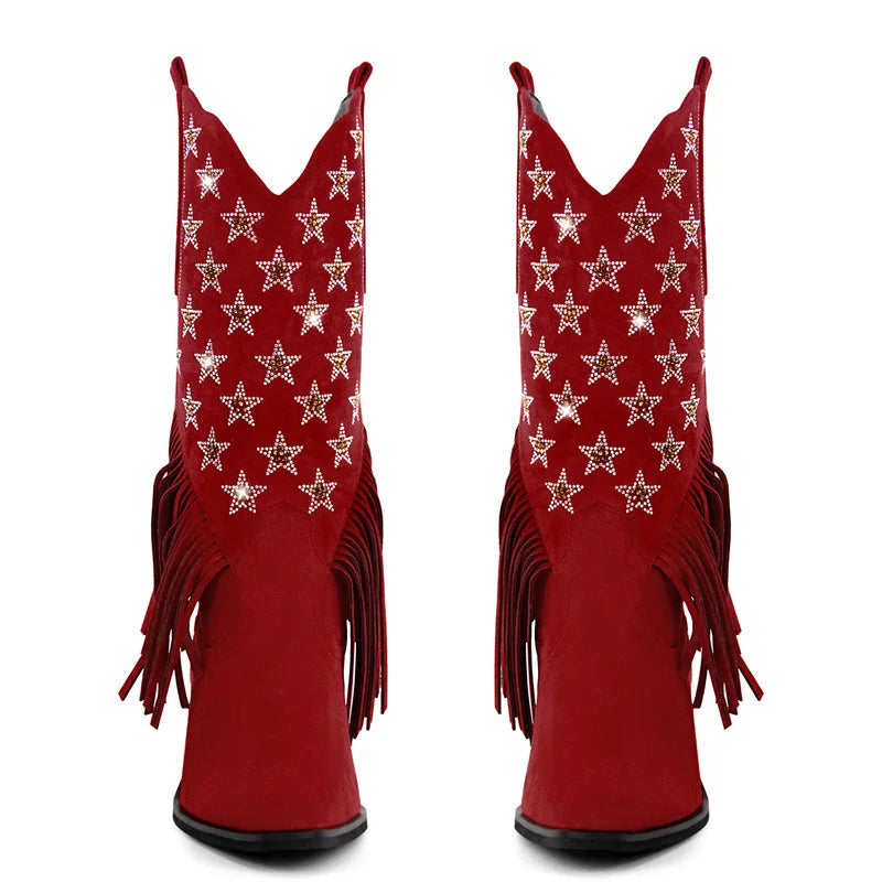 Women Pointed Toe Pull-on Knee High Fringe Cowgirl Boots Comfy Pull On Rhinestone Mid Calf Western Boots