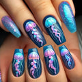 24pcs Long Square False Nail Sets Reusable Ocean Beach Pattern Design Press on Nails Yellow Fake Nails Coffin Manicure Finished