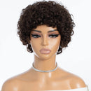 A short, dark brown curly wig displayed on a mannequin head and shoulders against a plain white background, with the brand name Obroi visible in the top left corner.