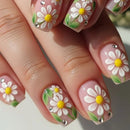 Nails with daisy flower design on a light background, Obroi