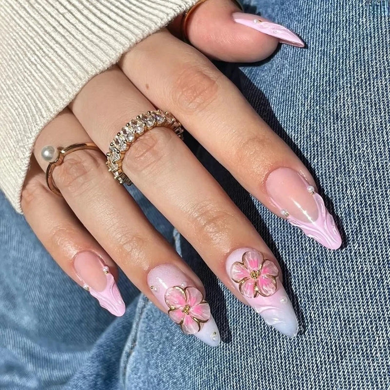 Handmade Manicure Almond Fake Nails Cute Flower Limited Press On Nails Design with Adhesive Nail File Set