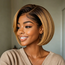 A woman wearing a short bob wig with a warm brown root color and golden blonde highlights, styled with a side part. The brand name 'Obroi' is written in red script in the top left corner, Obroi