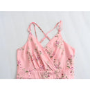 Elegant Women Double Straps Floral Dress Chic Slit Hem Pleats Female Summer Dress Holiday