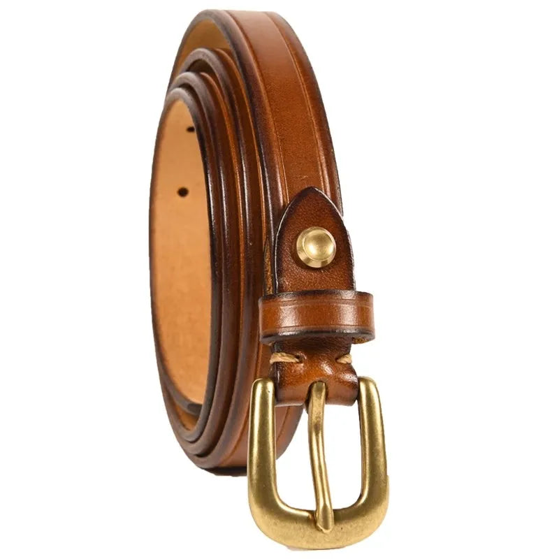 Handmade Leather Women's Thin Belt Casual Genuine Leather Commuting Soft Belt Copper Buckle