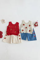 Two children's outfits with strawberry patterns on a white background, Obroi