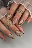 24Pcs Gilded Flower Lines Press on Nails Fake Full Cover Detachable Almond False Nails Tips Sets for Women＆girl Nail